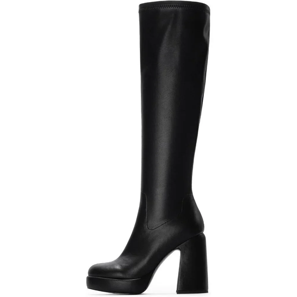 Women's Black Platform Knee High Boots Chunky Heel Rounded Toe Zipper